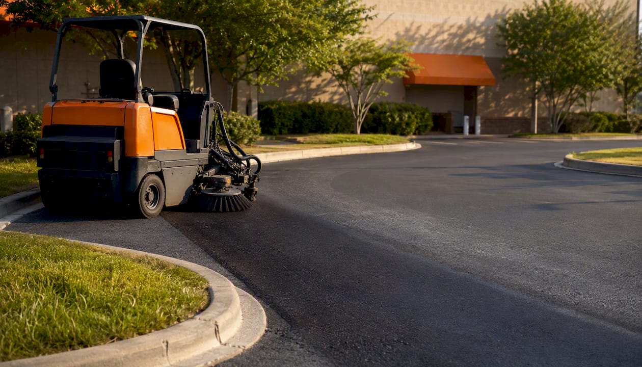 Power sweeper cleaning oil spots on parking lot asphalt