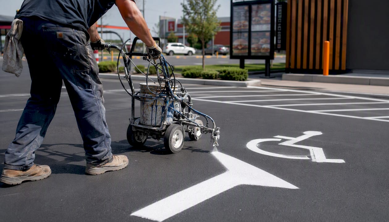 Worker spray painting drive-thru line markings