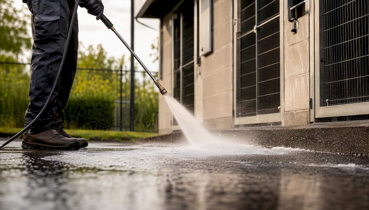Technician pressure washing asphalt in veterinary clinic washdown zone