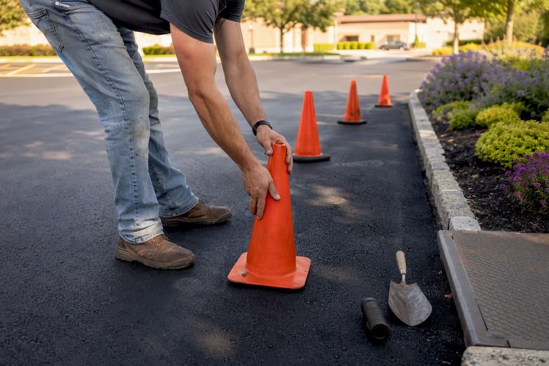 Hand placing no-access cone on parking lot