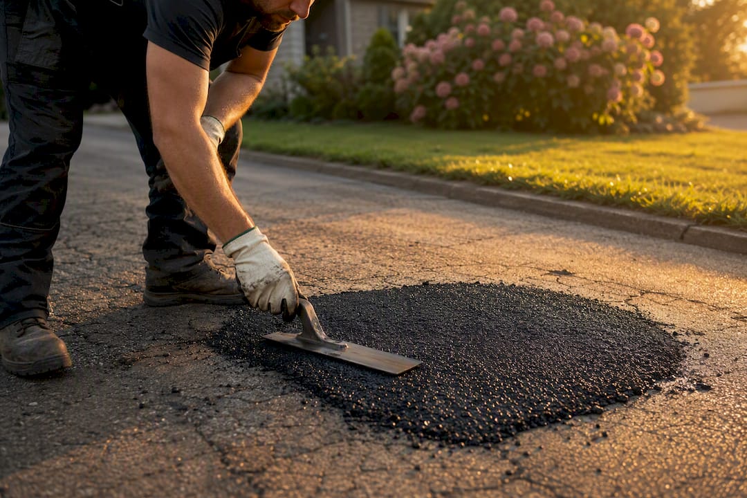 Hot-mix asphalt pothole repair in progress