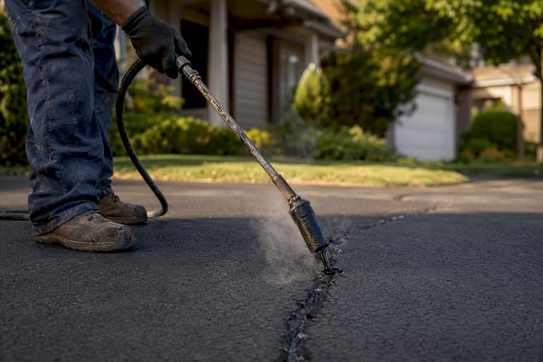 Applying hot rubberized crack sealant on asphalt
