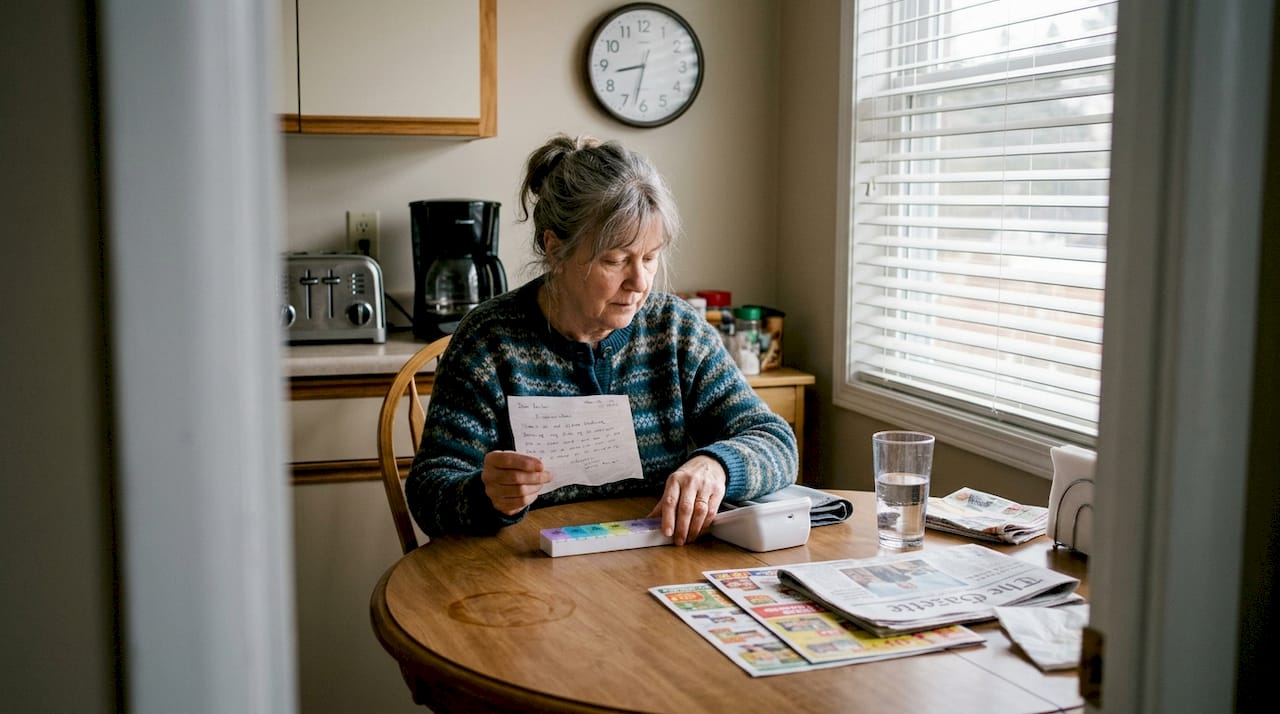 Senior managing medication at kitchen table