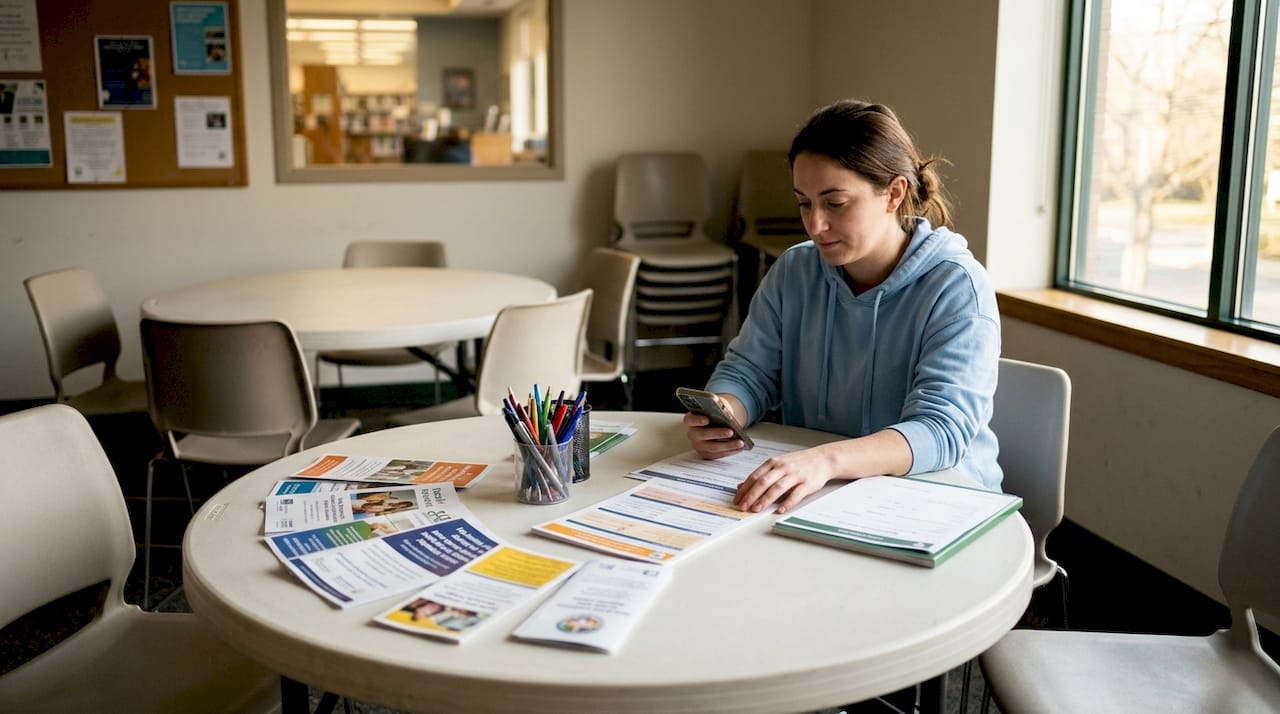 Outreach worker sets up health program materials