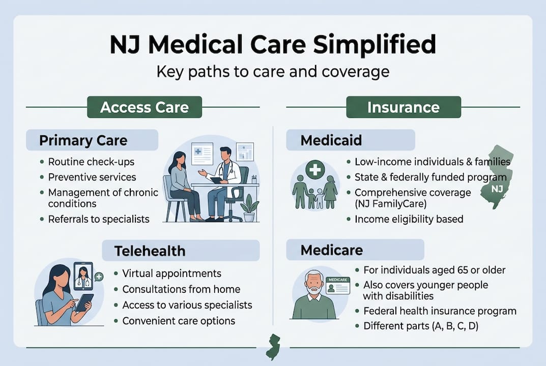 Infographic showing NJ medical access and insurance paths