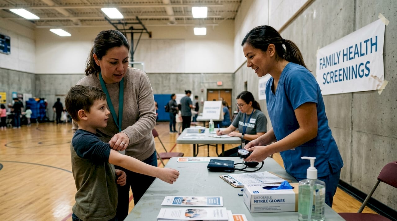 Nurse conducts health screening for family in gym