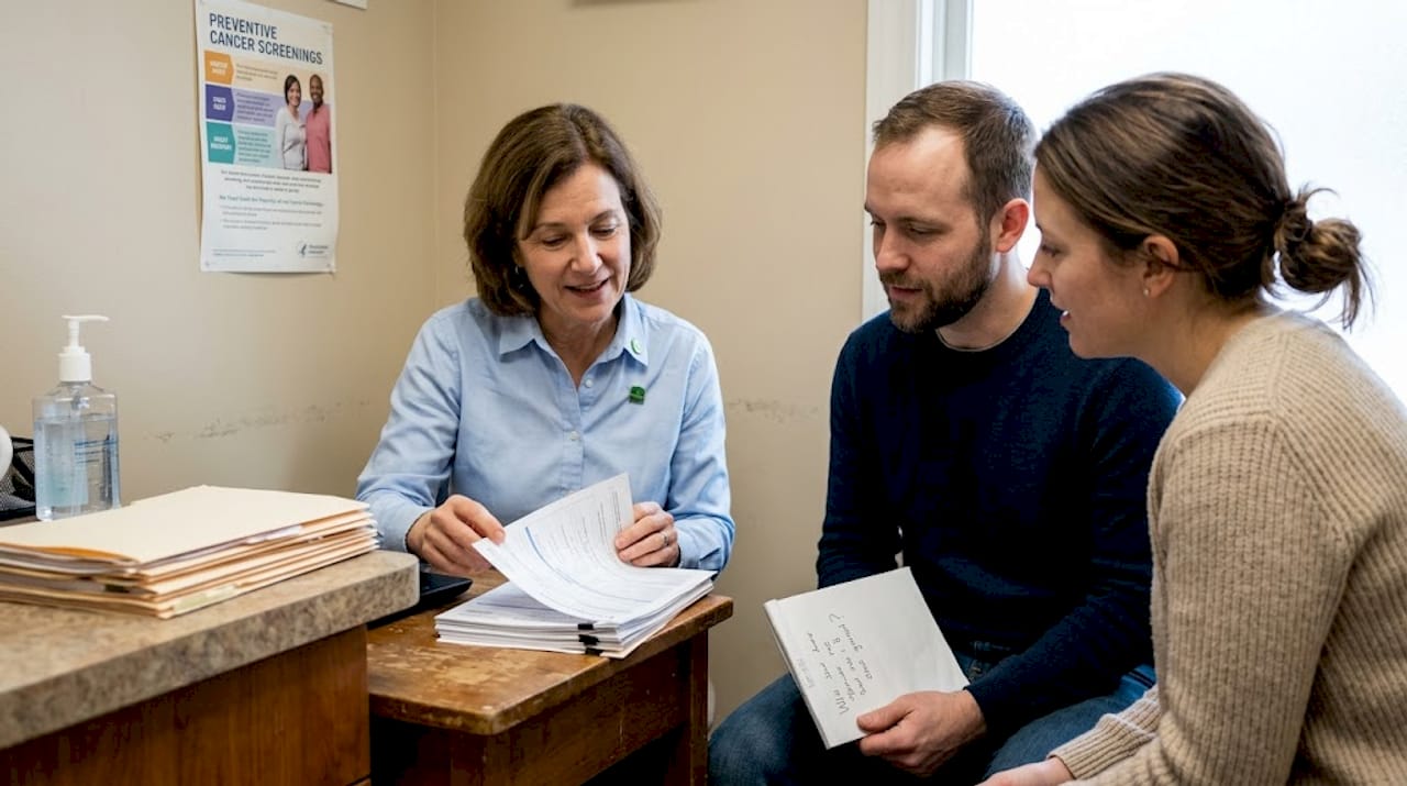 Doctor and patients discuss care in clinic room