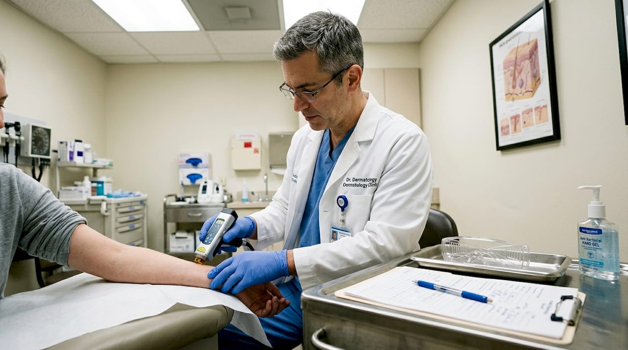 Dermatologist using laser on patient forearm