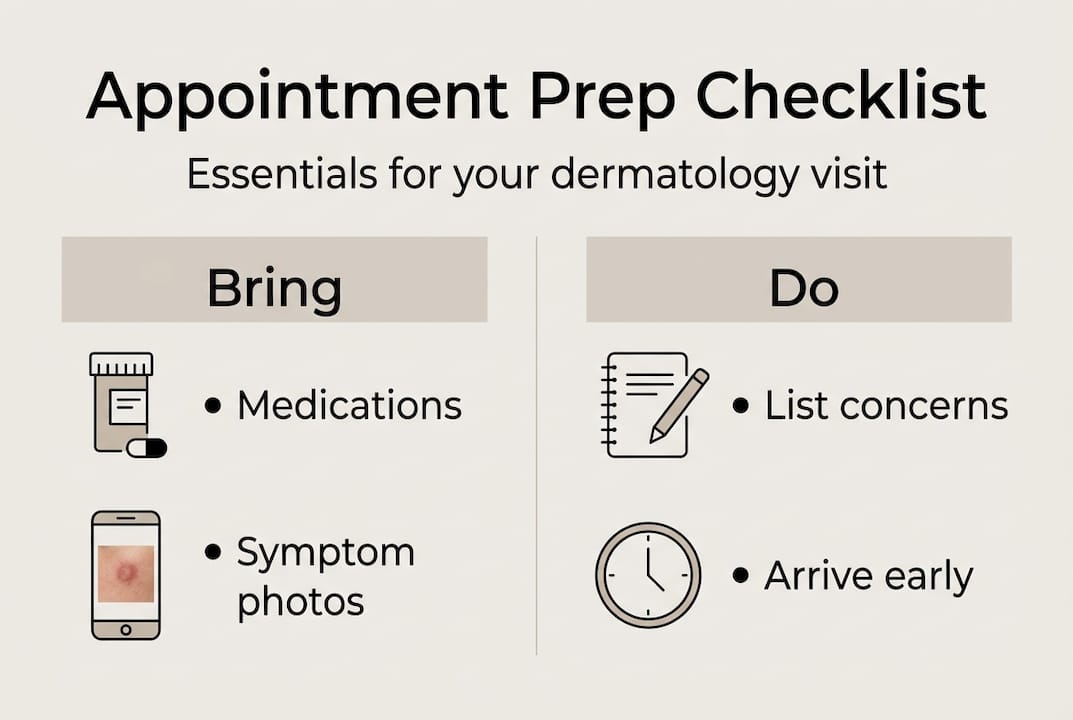 Infographic with dermatology appointment checklist essentials