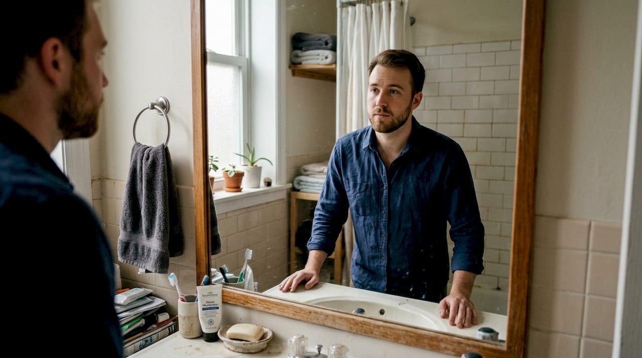 Person checking skin in home bathroom mirror