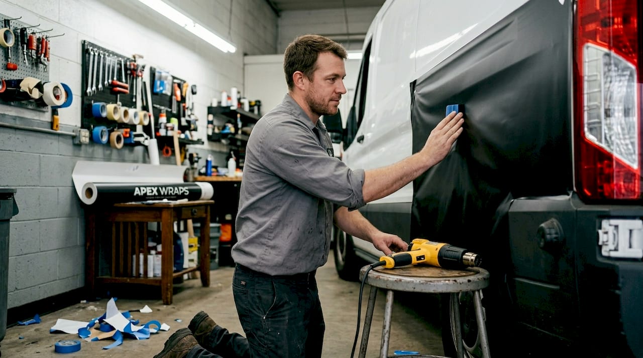 Installer applying vinyl wrap with tools visible