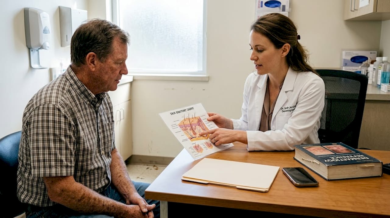 Dermatologist consulting patient in exam room