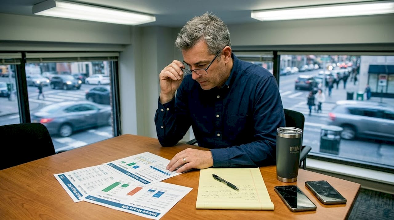 Fleet manager reviewing advertising cost charts