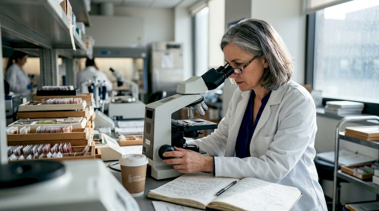 Dermatopathologist examining skin sample in lab