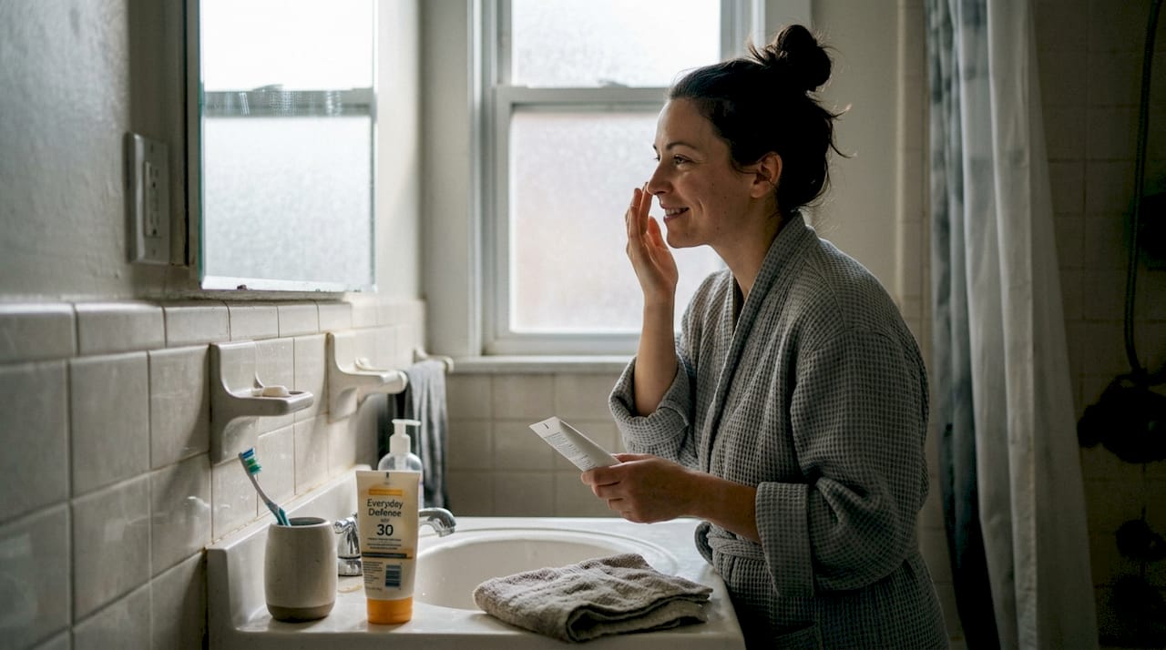 Woman applying moisturizer in bathroom