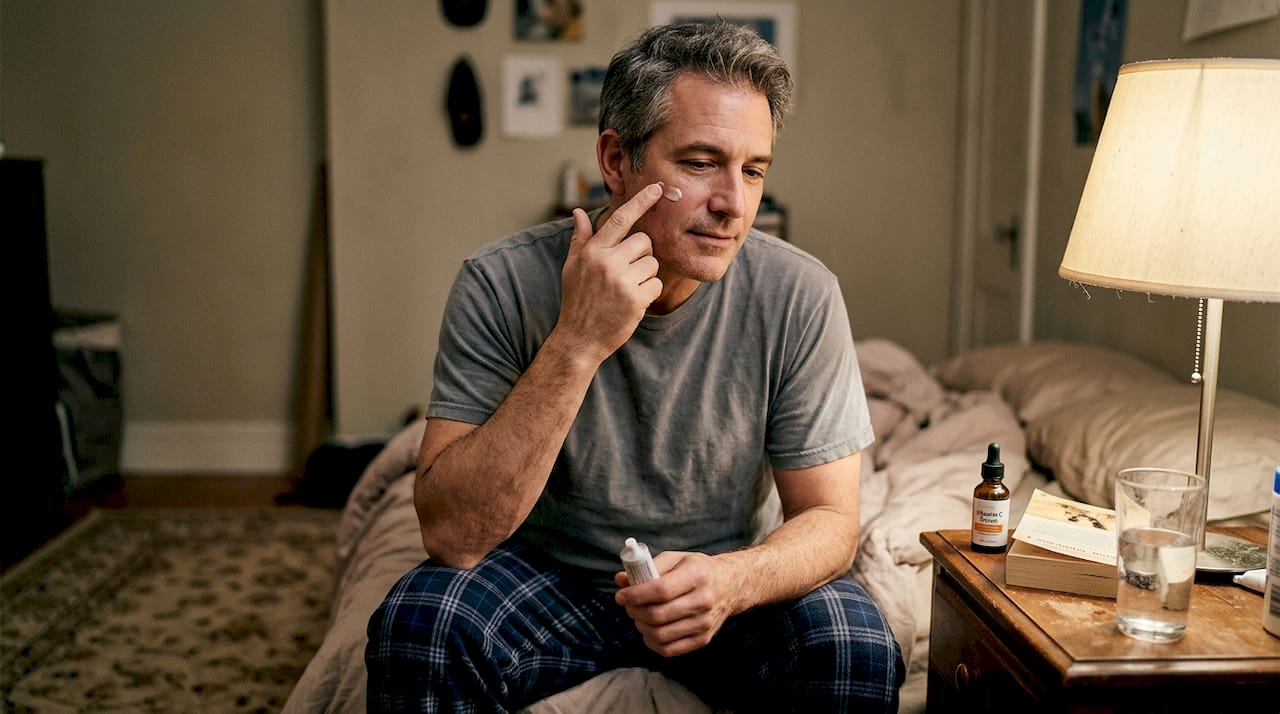 Man using retinoid in nightly skincare