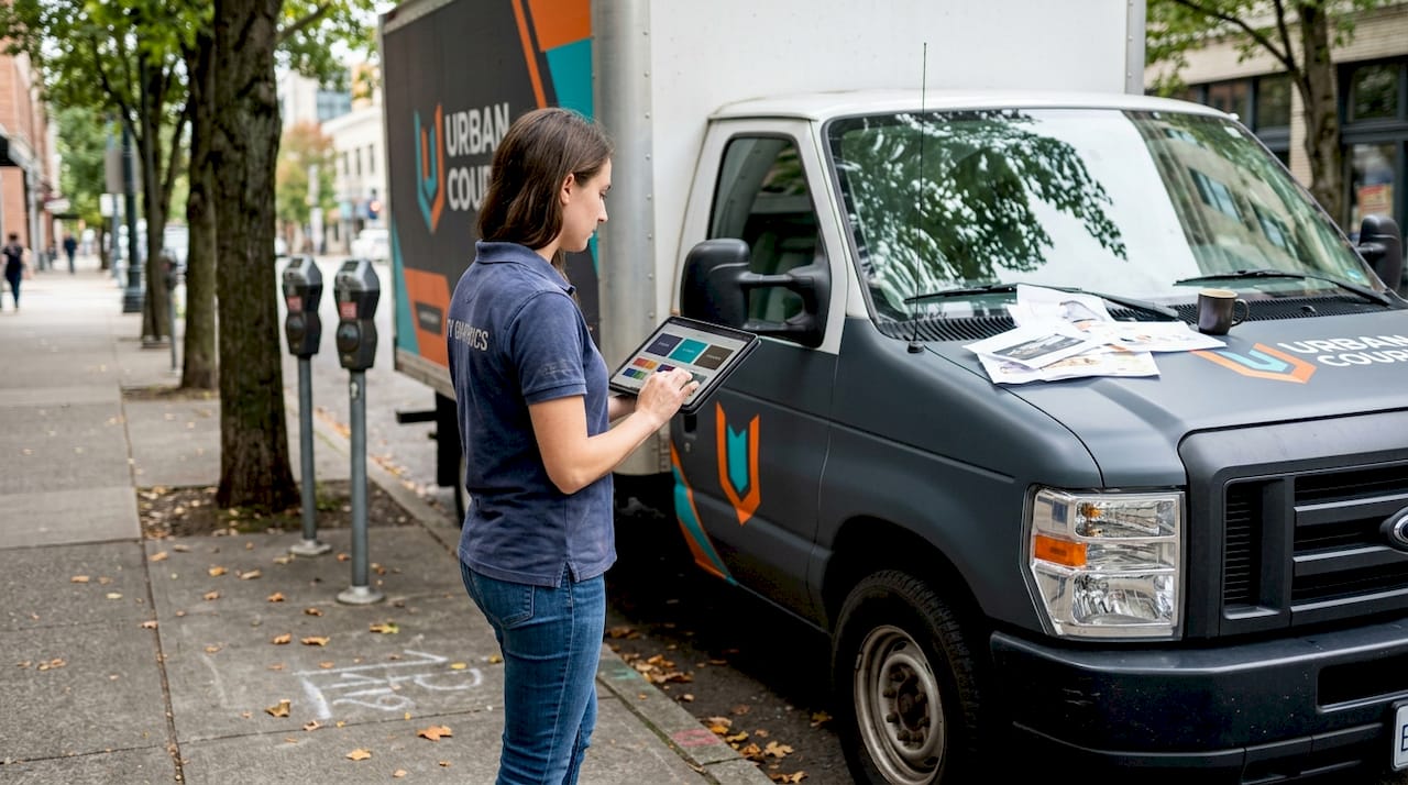 Designer reviewing creative vehicle wrap on street