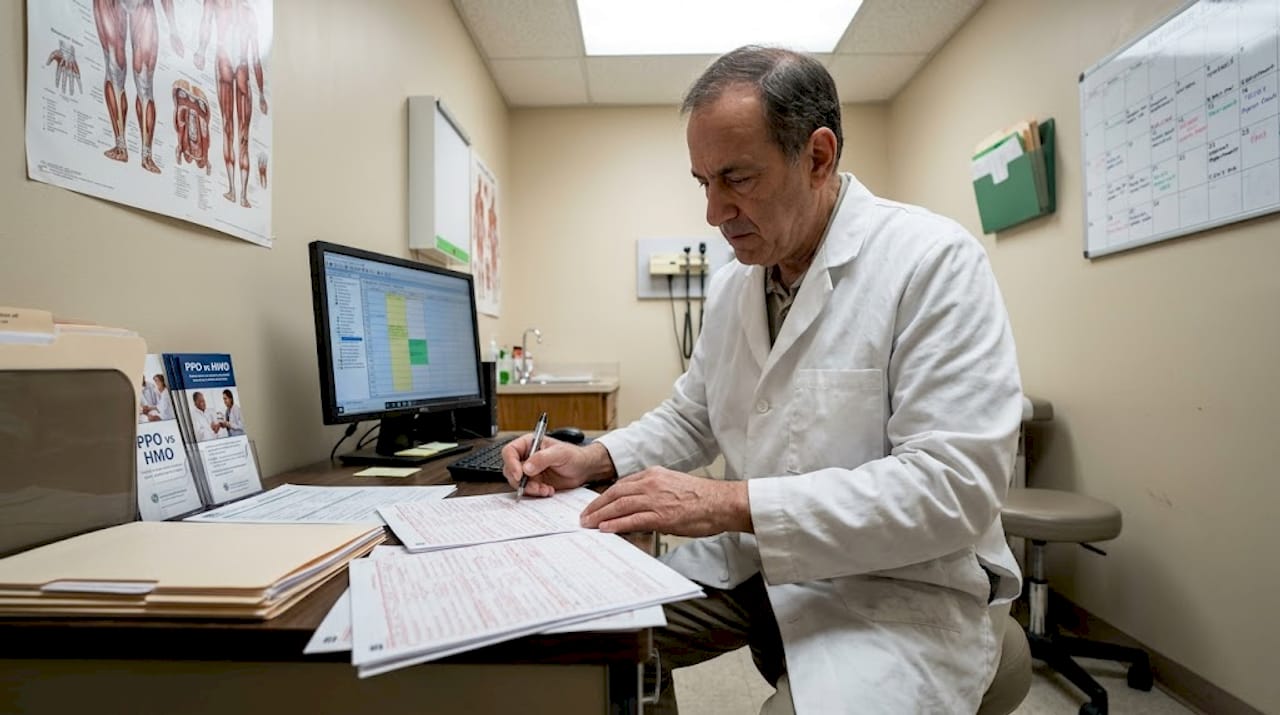 Physician examines insurance documents in clinic room