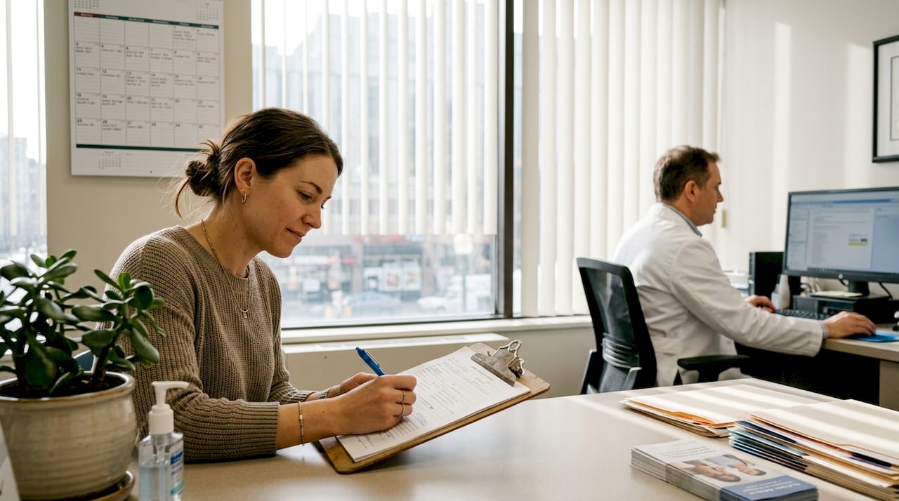 Patient filling medical history in dermatologist office