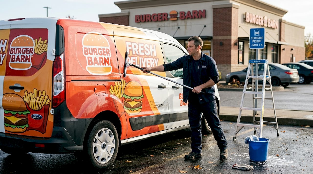 Fleet vehicle with branded vinyl wrap outdoors