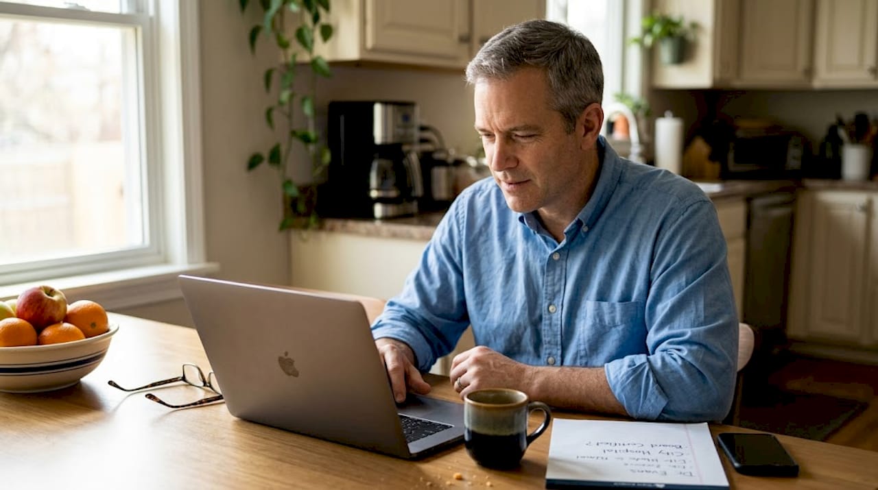 Man researching dermatologist credentials at kitchen table