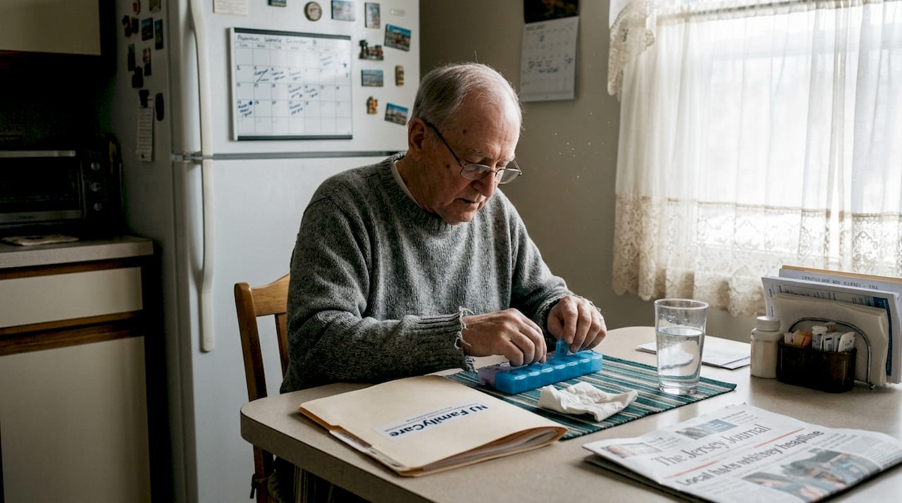 Elderly man manages medication and care plan