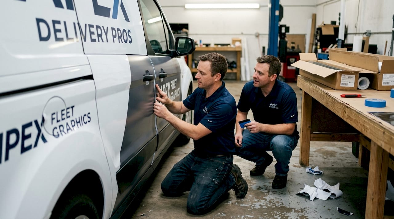 Installers inspecting van wrap edges in garage