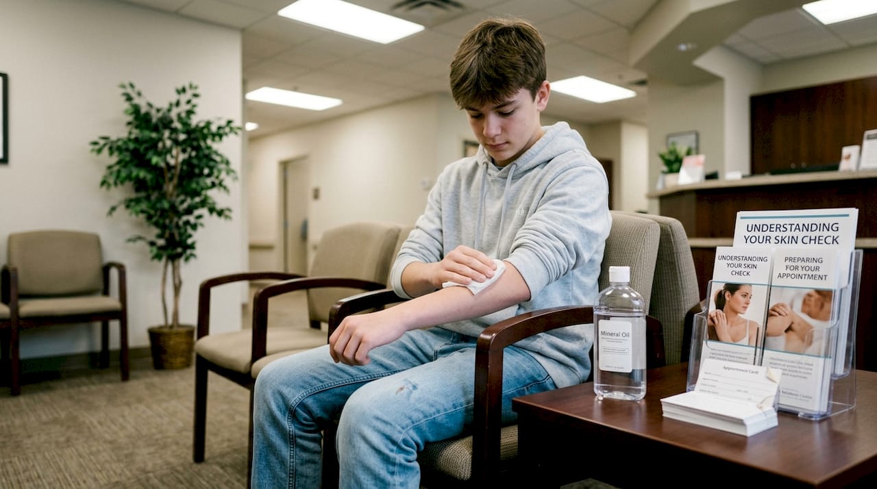 Patient preparing skin for dermatoscopy exam