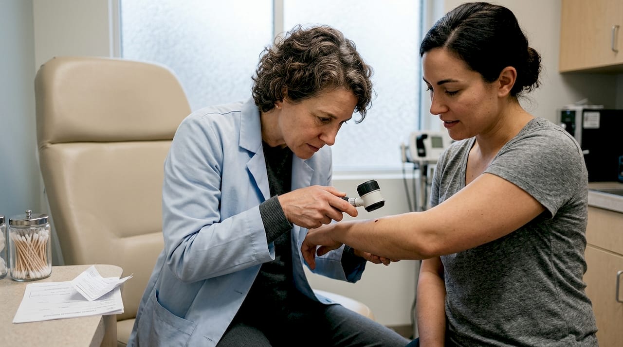 Dermatologist examining skin with dermatoscope