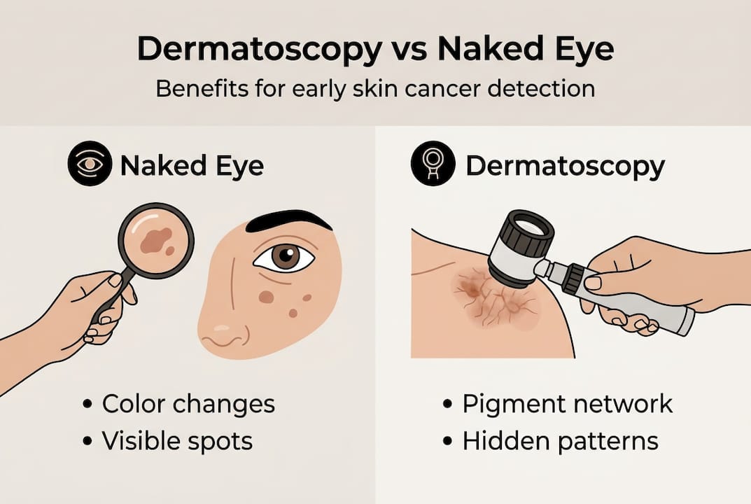 Infographic comparing dermatoscopy and naked-eye exams