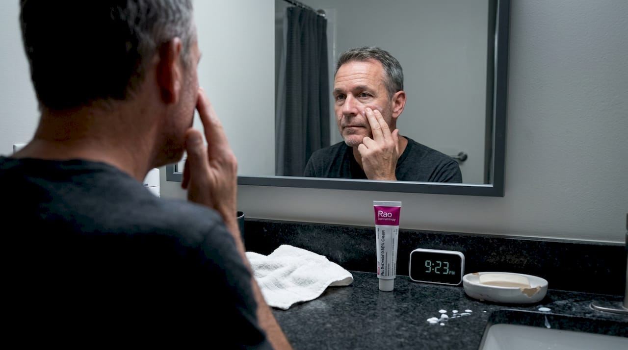 Man applies retinoid cream in bathroom
