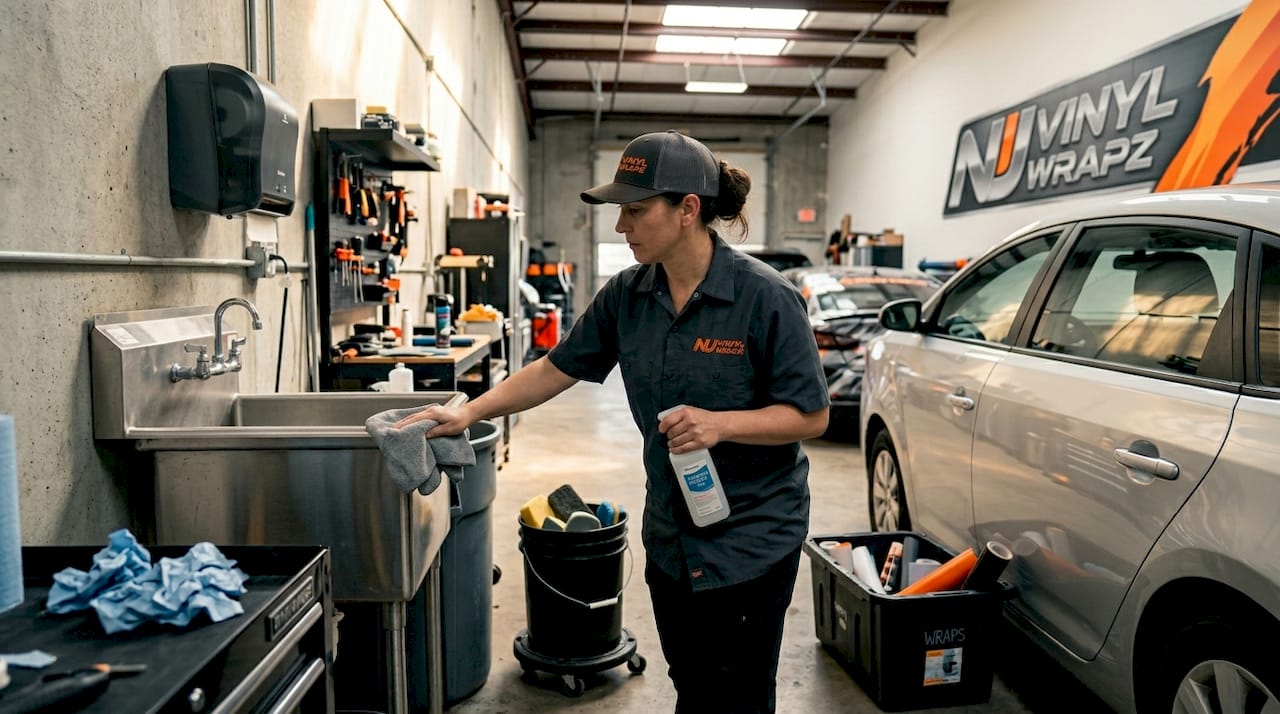 Technician cleaning car for wrap install