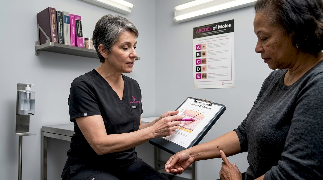 Dermatologist consulting patient in clinic