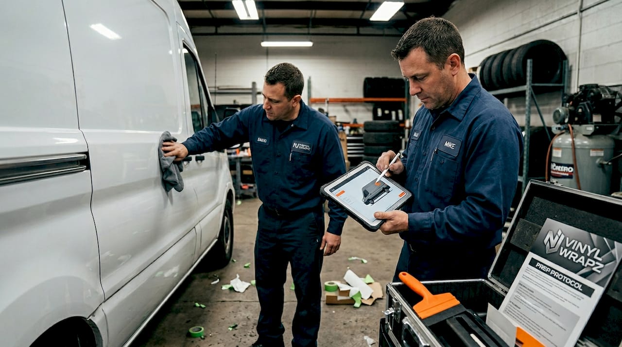 Technicians preparing vehicle for wrap