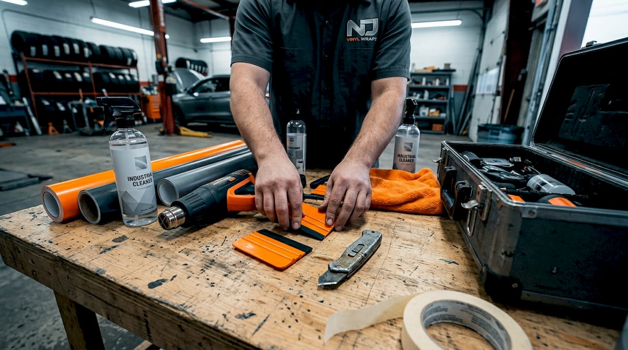 Decal installation tools spread on workshop table