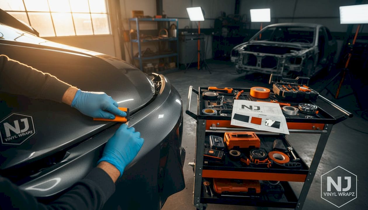 Gloved hands smoothing vinyl wrap on bumper