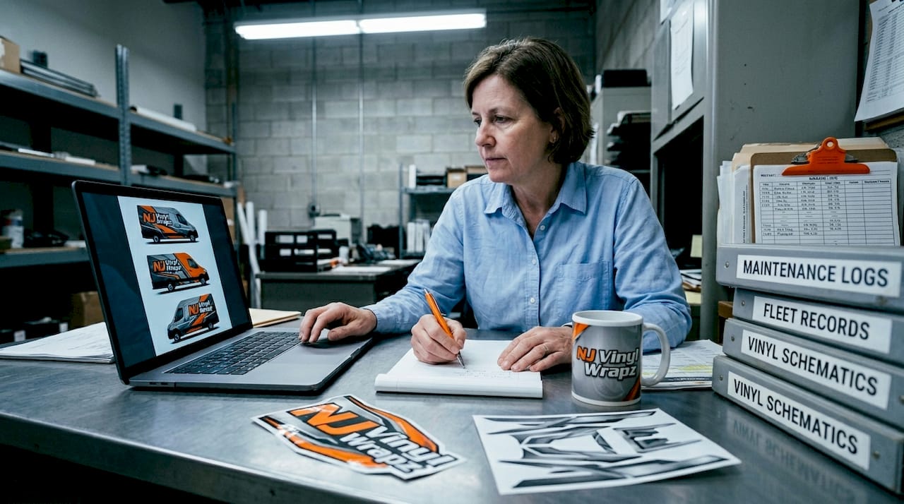Fleet manager examining branding proposals and decals