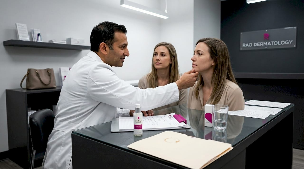 Dermatologist examining patient during consultation
