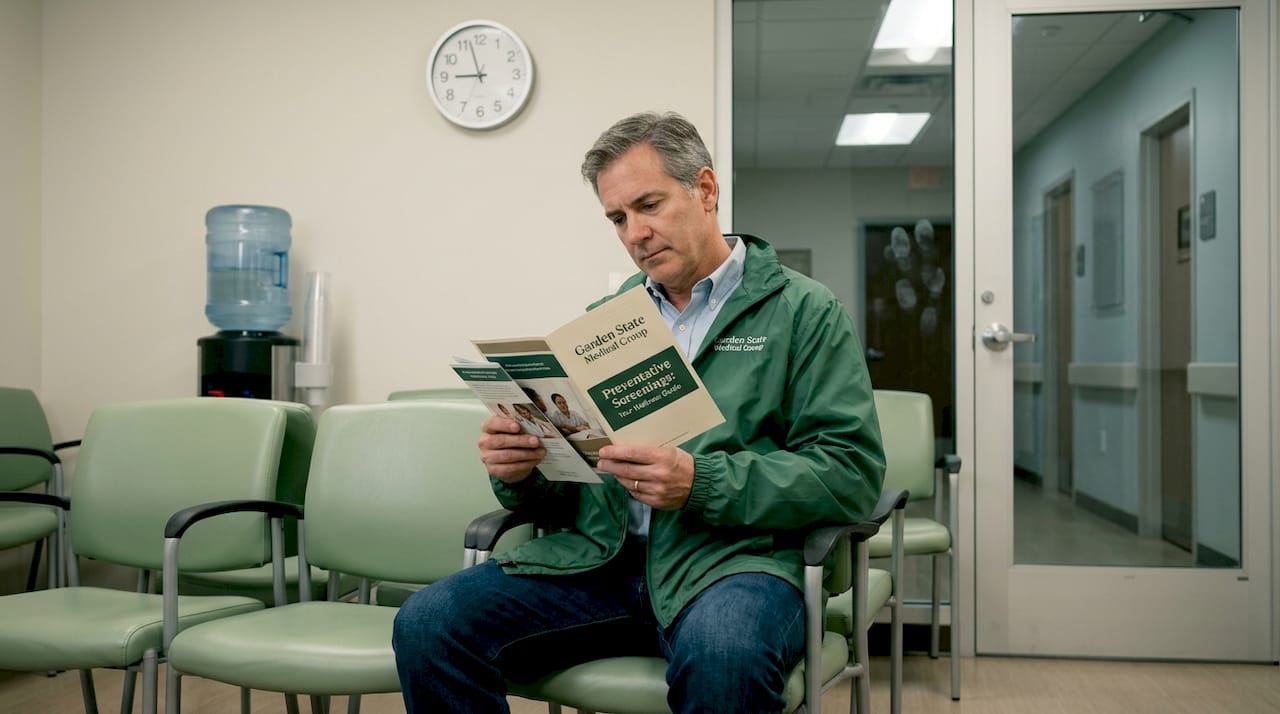 Man reading brochures in clinic waiting area