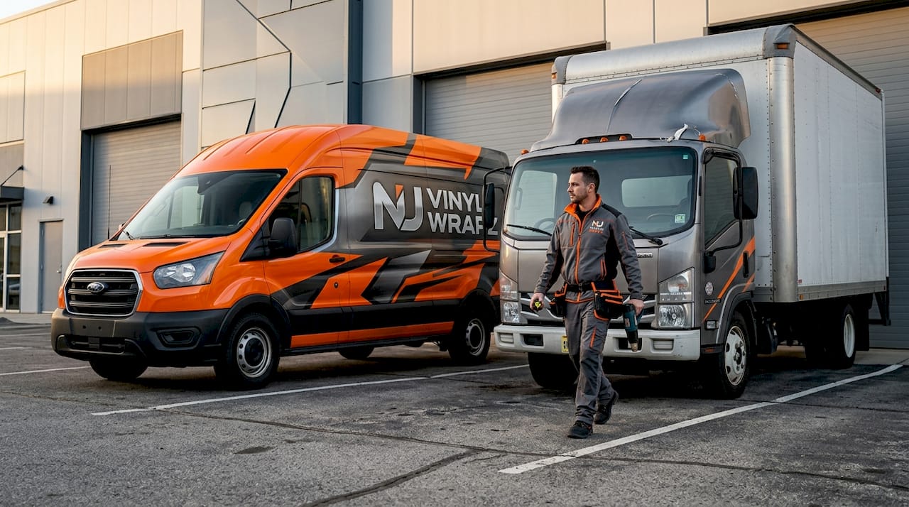 Side-by-side fleet vehicles with different vinyl wraps
