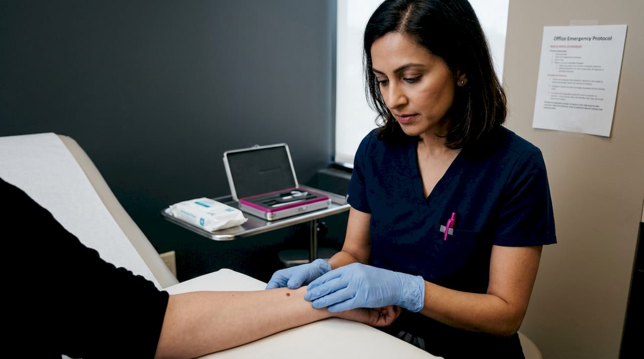 Dermatologist assessing patient forearm in clinic