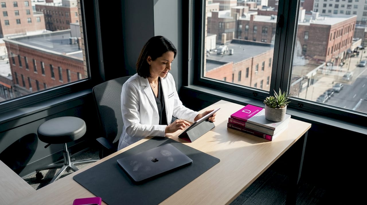Dermatologist reviewing chart in bright office