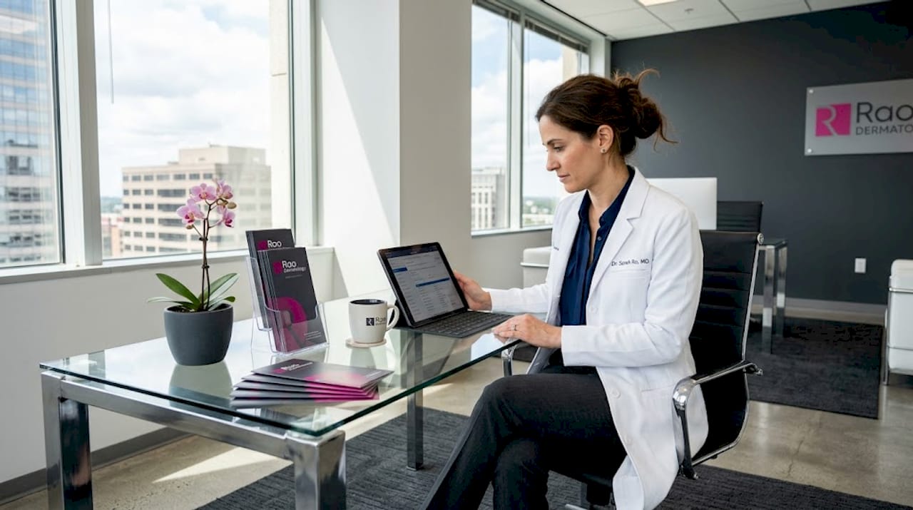 Dermatologist reviewing patient chart in modern office
