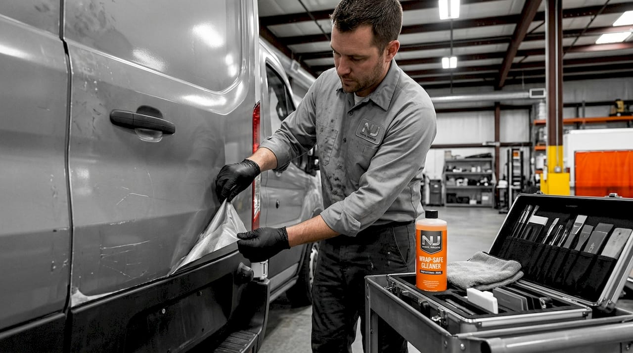 Technician examining vinyl wrap edge for damage