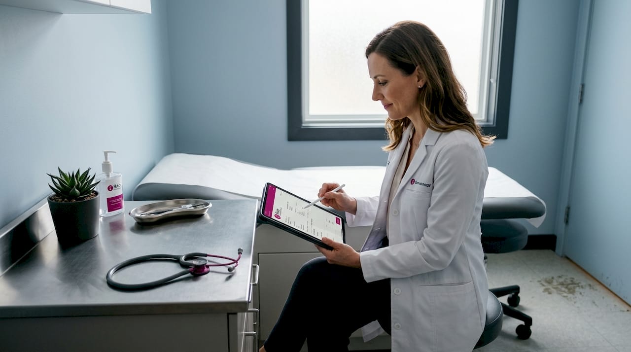 Dermatologist reviews skin exam notes in clinic