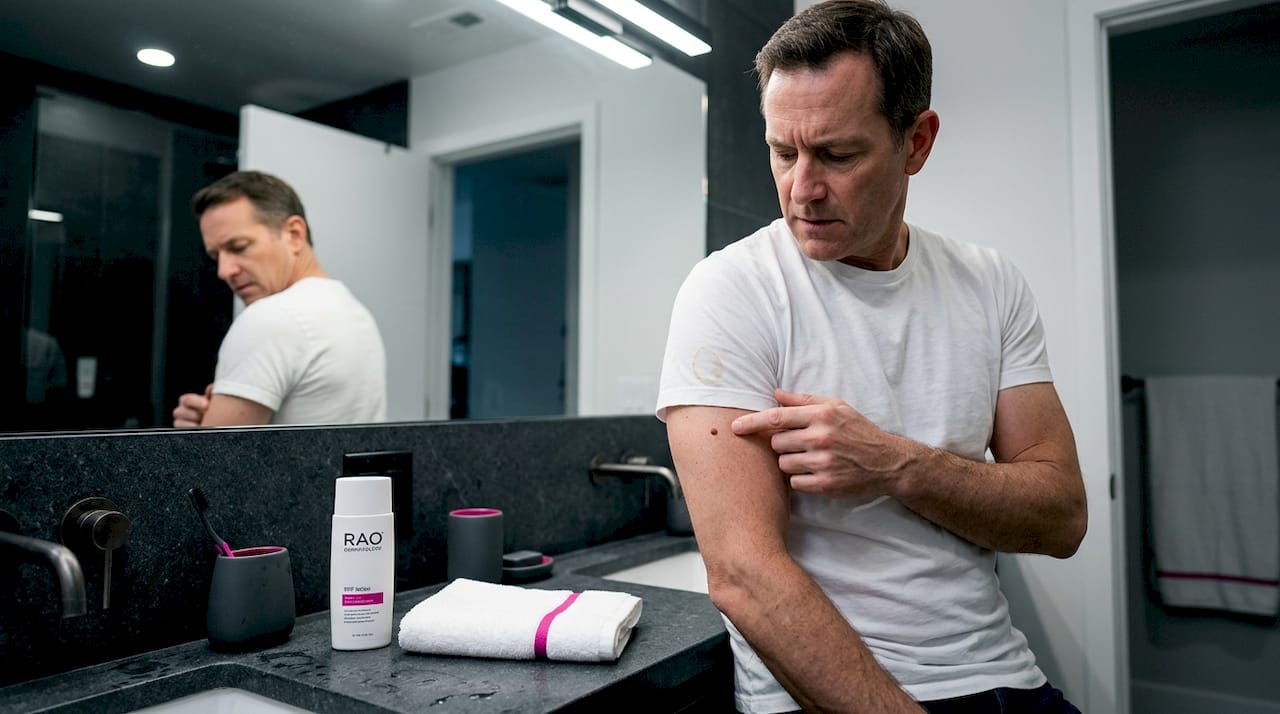 Man performs self skin check in bathroom