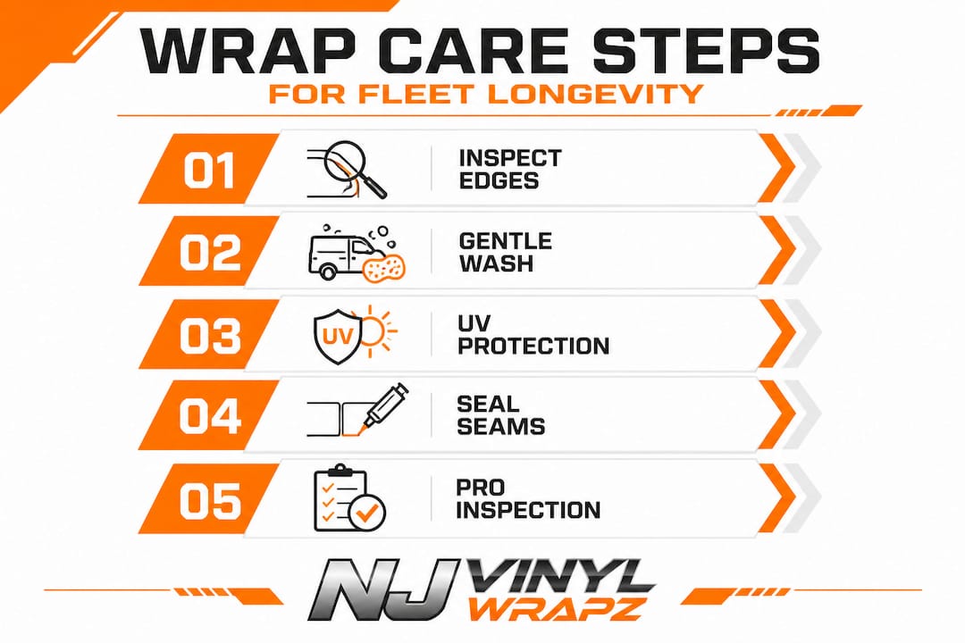 Vertical infographic showing 5 vinyl wrap care steps