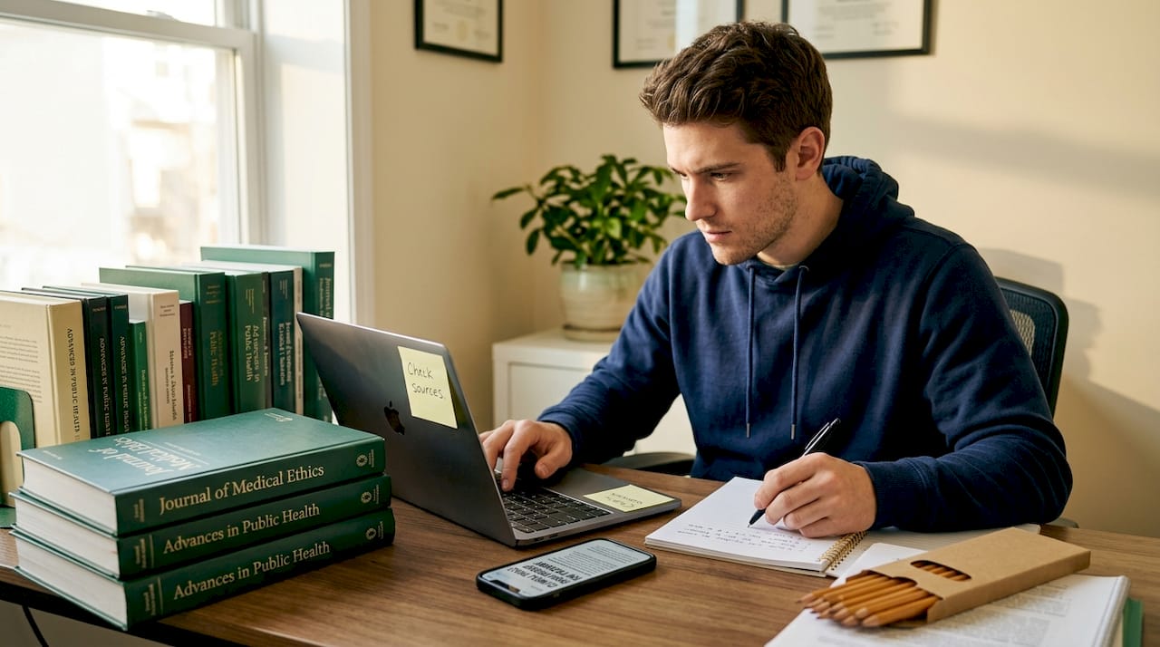Man verifying health news in home office