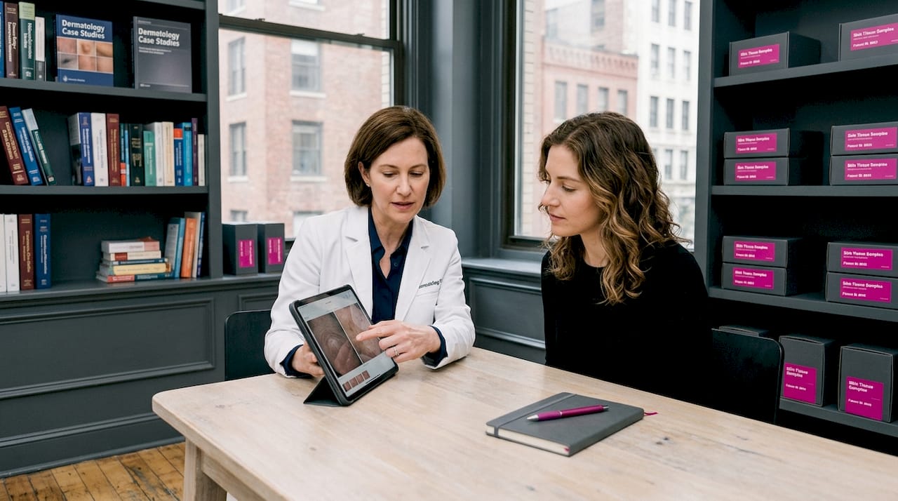 Dermatologist reviews skin images with patient