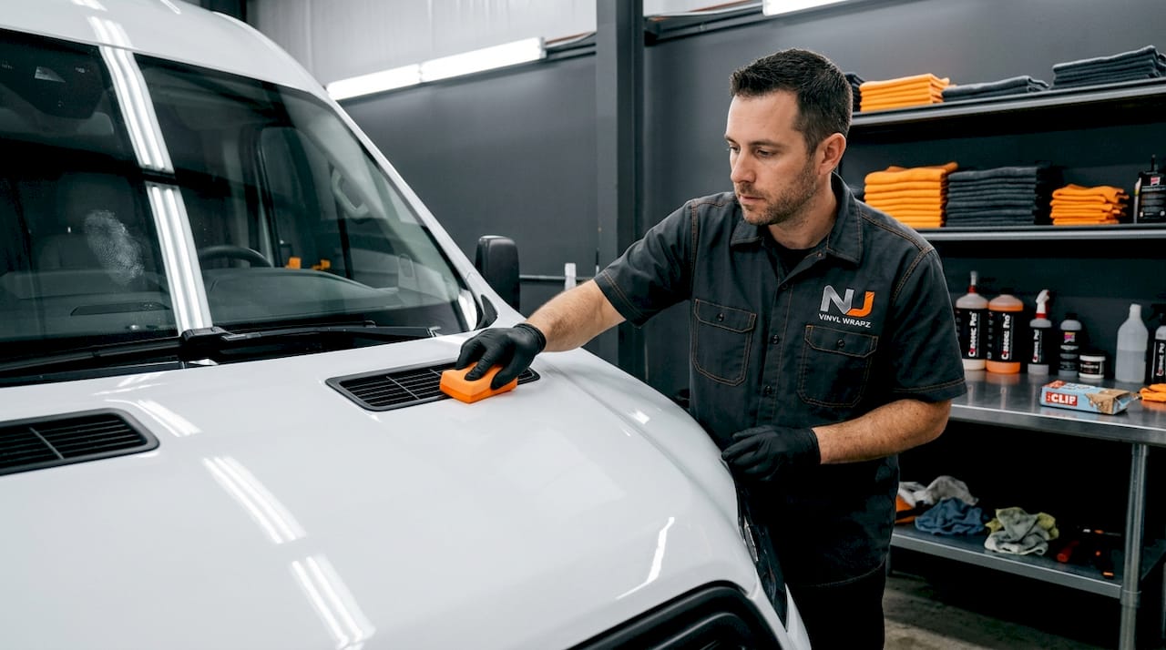 Detailer applying ceramic coating to van